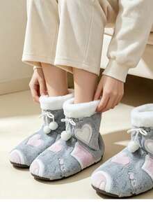 2026 All-Season Women's Indoor Slippers, Heart Pattern With Ball Decoration, Warm Lining Casual House Shoes - Grey - View 4