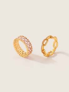 Valisandre 2pcs Minimalist Copper Gold Tone Pink Zirconia Decor Adjustable Ring Set For Women, Suitable For Daily, Party, Event - Gold - View 3