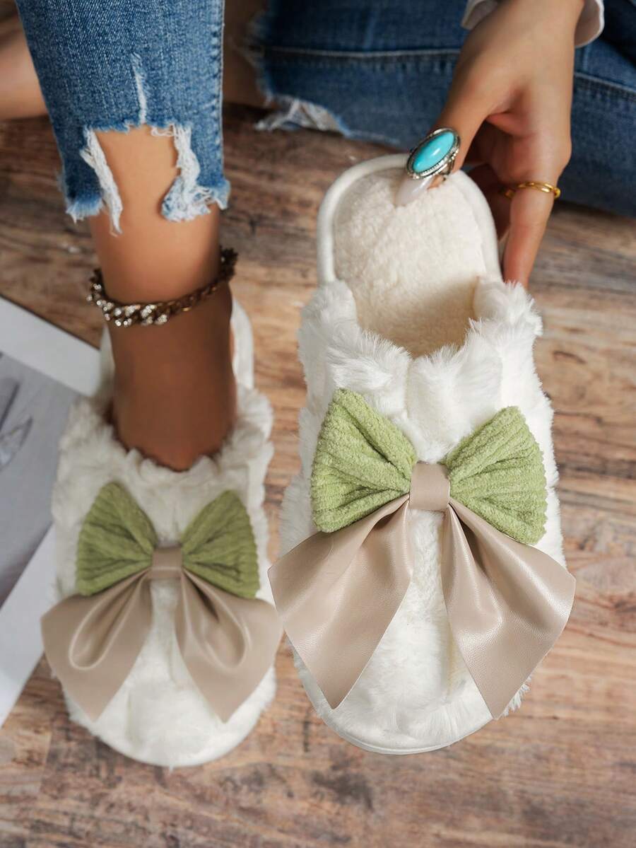 Women's Bow-Knot Open-Toe Plush Warm Slippers, Comfortable Breathable Indoor House Slippers For All Seasons