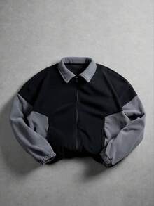 American Vintage Black & Gray Colorblock Fleece Jacket With Turn-Down Collar - Black - View 1