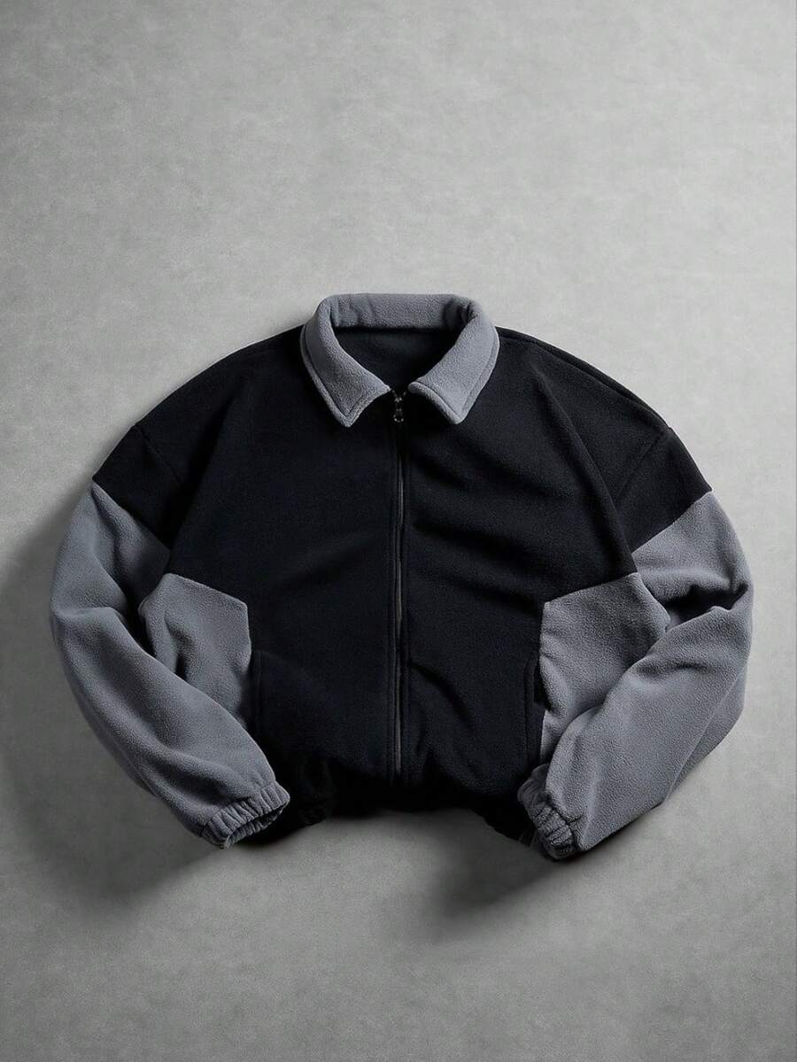 American Vintage Black & Gray Colorblock Fleece Jacket With Turn-Down Collar - Black - View 1