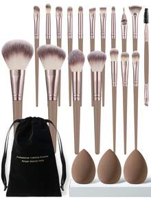 18/22/36Pcs Complete Cosmetic Tool Set,18Pcs Premium Synthetic Makeup Brushes,Assorted Makeup Sponges,Triangle Powder Puffs,Finger Applicator Puffs,Versatile Makeup Tools,Perfect For Blending Liquid, Cream & Powder For Daily Makeup Use - Brown - View 3