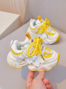Retro Yellow & White Contrast Thick Sole Sneakers, Breathable Mesh Casual Chunky Sneakers - Black - View 4