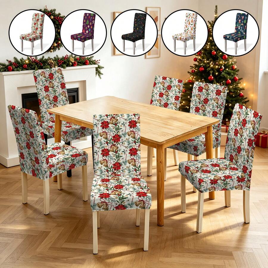 1/2/4/6pcs Christmas Print Chair Covers, Cartoon Holiday Atmosphere Decorative Dust-Proof Elastic Full-Coverage Chair Covers