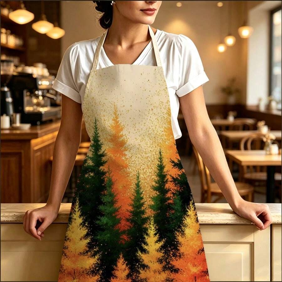 1pc Autumn Forest Landscape Print Apron - Sleeveless Design, Durable And Comfortable Fit, Featuring Orange-Gold Gradient Autumn Forest And Pine Forest Patterns, Suitable For Cooking, Baking And Home Cleaning, Household Cleaning, Housework Apron, Hand-Painted Handmade Gardening Apron, Fun Autumn Harvest Festival Gift - Multicolor - View 1