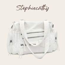 STEPHIECATHY 素色軟洗 PU 皮革拉鍊開合多功能口袋單肩斜跨包 女款中性復古休閒大學生日常旅行包 - 白色 - 查看 4
