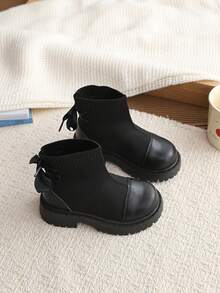 Fashion Girls Bow Knit Sock Boots, Round Toe Thick Sole Wear‑Resistant Non‑Slip Slip‑On Versatile Little Girl Ankle Boots - Black - View 5