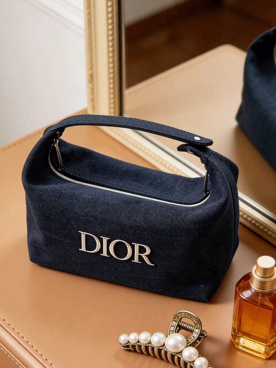 Dior 丹寧帆布手提化妝包,拉鍊式化妝品收納袋,便攜式收納包,適合日常通勤、購物、旅行,女性女孩理想的節日生日禮物 - 牛仔藍 - 查看 1