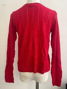 Women's Red Hollow Out Thin Knit Cardigan Jacket, Autumn Layering Short Long Sleeve Knit Top - Red - View 6
