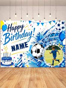 Customizable Photo & Name Football Sports Theme Happy Birthday Backdrop, Blue Paint Cake Birthday Hat & Balloon Design, Suitable For Birthday Party Cake Table Decoration, Portrait Photography Banner And Vinyl Material - Blue - View 3