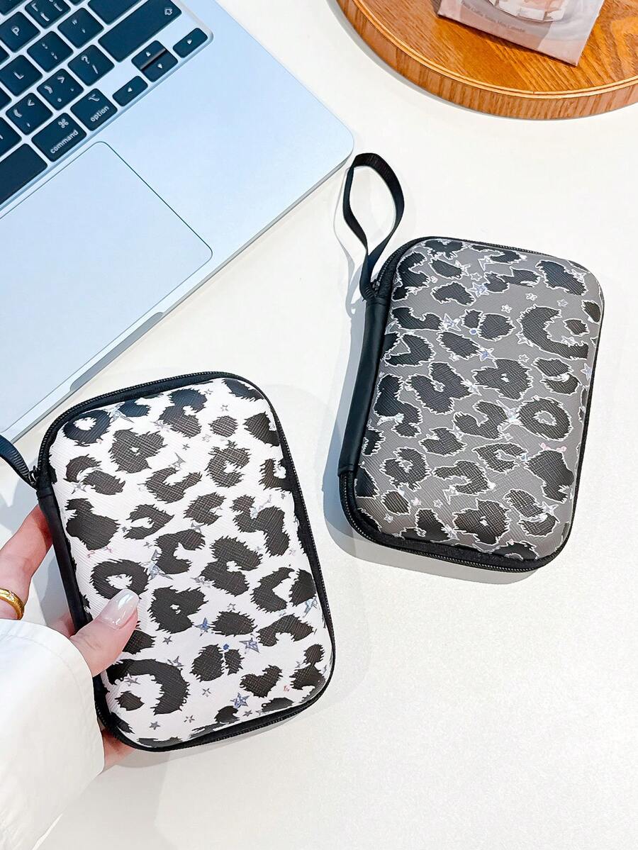 Leopard Print Thick Hard Shell Storage Bag, Portable Data Cable Storage Box, Anti Drop Hanging Rope - Multicolor - View 1