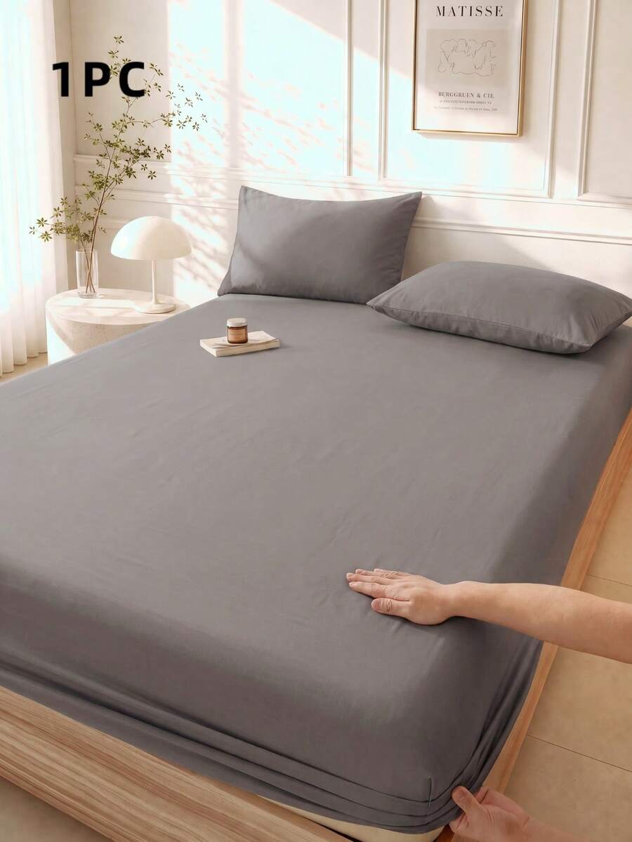 1pc Pure Gray Fitted Sheet, Mattress Protector, Mattress Cover, Fitted Sheet, Soft And Breathable, Twin, Full, Queen, King, Deep Pocket Design Up To 11.8 Inches, Breathable And Wrinkle-Resistant, Machine Washable, Dorm Bedding, Back To School - Grey - View 1