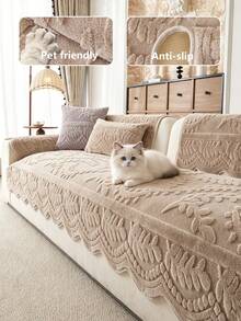 1PC Thick Faux Rabbit Fur Sofa Cover, Cozy All‑Season 3D Leaf Floral Embossed Plush Couch Protector, Non‑Slip Machine Washable Pet Friendly Sofa Cushion Mat For Living Room Home Decor - Khaki - View 3