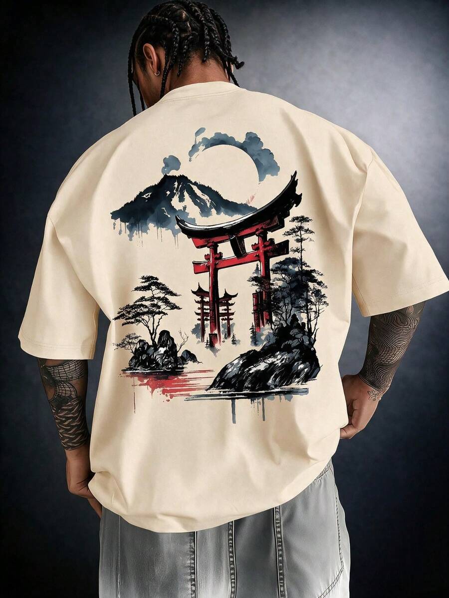 1pc Men's Fashionable Printed Loose Fit Short Sleeve T-Shirt | Exquisite Design | Summer Essential | Easy To Match, Showcase Your Style - Apricot - View 1