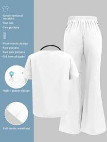Plain V-Neck Short Sleeve Top And Split Long Pants Lab & Hospital Nursing Scrub Sets With Pockets Fall White - White - View 3