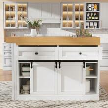 360° Swivel Kitchen Island With Barn-Style Sliding Doors 120–197 Cm, 2 Drawers And Adjustable Shelves, White - White - View 4