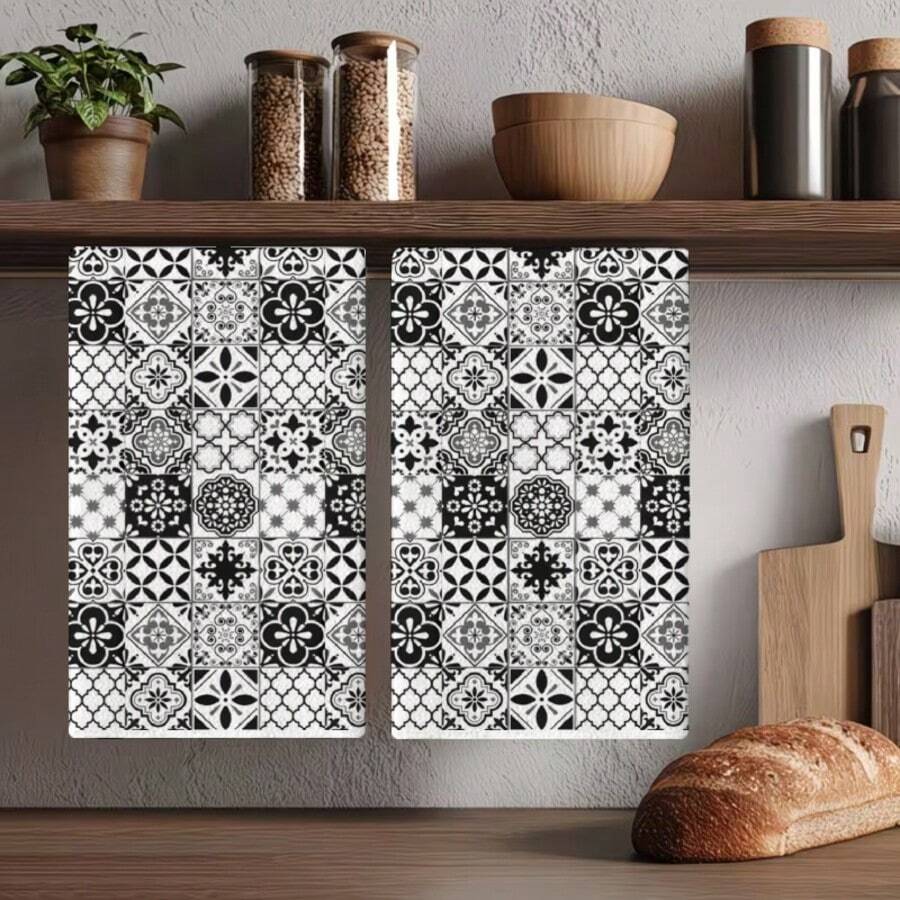 2pcs Vintage Bohemian Style Cleaning Cloths, Home Decor Towel Set, Soft Quick Dry Cleaning Cloths, Christmas Gift For Family And Friends, Best Kitchen Towels. - Black and White - View 1