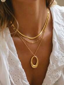 3pcs/Set Gold Stainless Steel Non-Fading Hypoallergenic Oval Geometric Hollow Water Drop Pendant Necklace Set For Women, 3-Layer Layered Fashion Style Suitable For Street Photography, Travel, Daily Wear And Dating - Gold - View 1