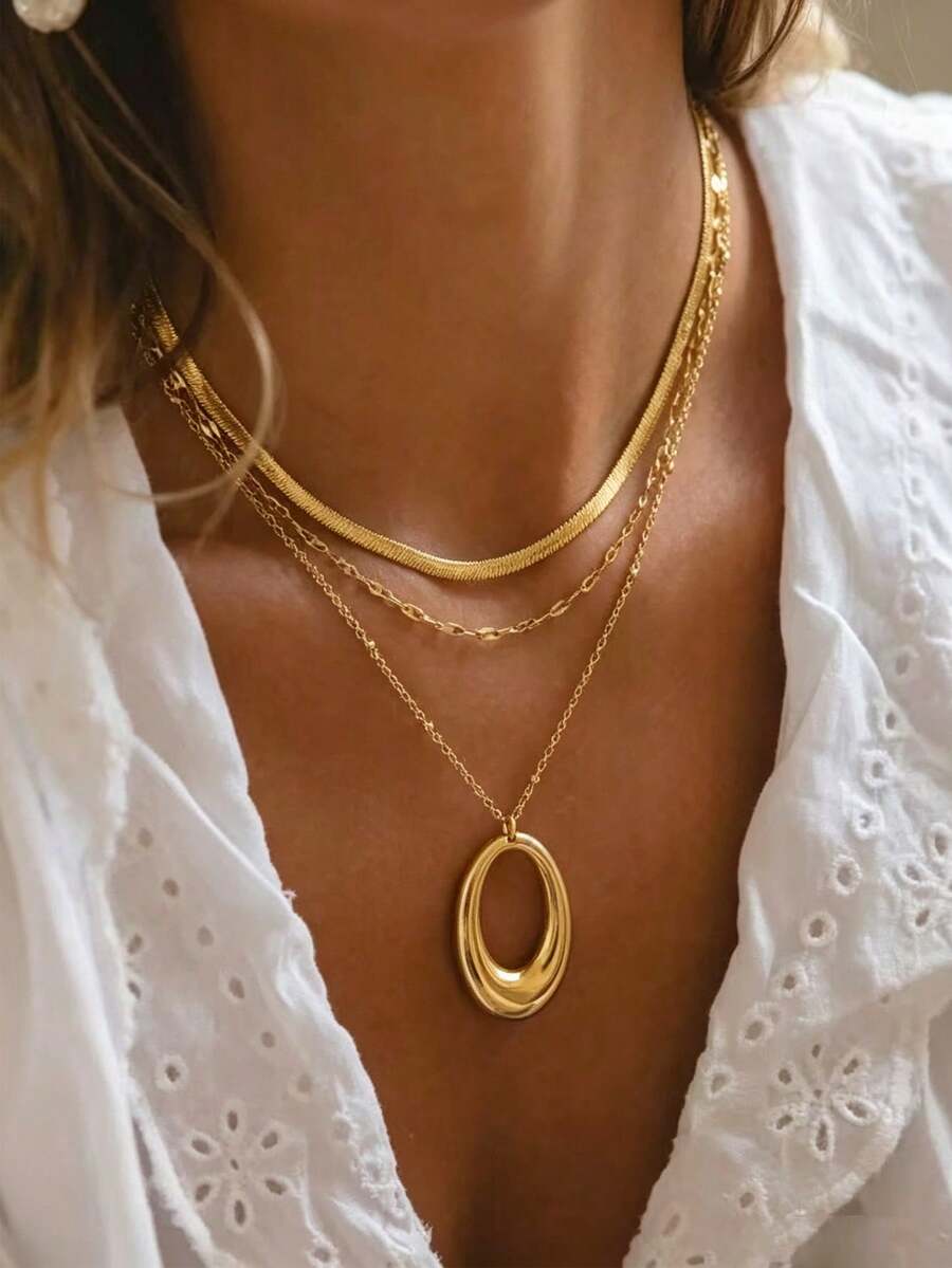 3pcs/Set Gold Stainless Steel Non-Fading Hypoallergenic Oval Geometric Hollow Water Drop Pendant Necklace Set For Women, 3-Layer Layered Fashion Style Suitable For Street Photography, Travel, Daily Wear And Dating - Gold - View 1