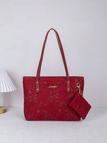 Women Floral Lace Tote Bag Set, Large Capacity Shoulder Handbag With Mini Coin Purse, Ladies Top Handle Bag For Casual Daily Shopping Travel Beach - 4 Colors - View 11
