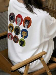 Women's Fashion Autumn/Winter Loose Minimalist Versatile Cartoon Cat Print Long Sleeve T-Shirt - White - View 4