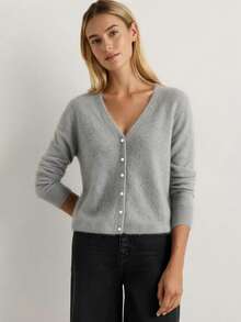 HEYMINI 100% Cashmere Women's Comfortable Grey V-Neck Knit Cardigan, Slimming Long Sleeve Sweater For Commuting, Suitable For Autumn/Winter - Grey - View 5