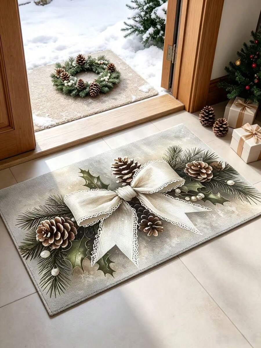 1 buah Karpet Ruang Tamu Motif Pemandangan Salju dan Ranting Pinus dengan Pita, Keset Kecil, Keset Selamat Datang, Karpet, Alas Lantai, Keset Luar Ruangan, Karpet Dapur, Dekorasi Rumah, Keset Pintu Depan, Karpet Area, Alas Luar Ruangan, Dekorasi Rumah, Karpet Area, Karpet Taman, Karpet yang Dapat Dicuci - Beraneka warna - View 1