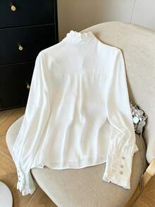 Women's White Crinkled Stand Collar Petal Sleeve French Style Blouse Inner Wear - White - View 3