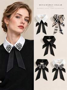1pc Detachable Shirt Collar With Bow, Solid Color & Plaid Fabric Faux Collar, Rhinestone Floral Decor Collar Accessory - Multicolor - View 1