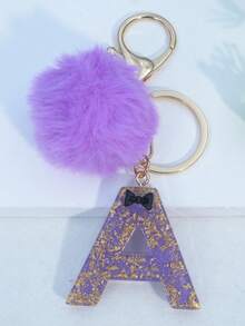 Minimalist Cute Initial Keychain A-Z Women's Bag Charm Black Bow Purple Pom Pom Key Chain Daily Wear Gift Accessory - Purple - View 31