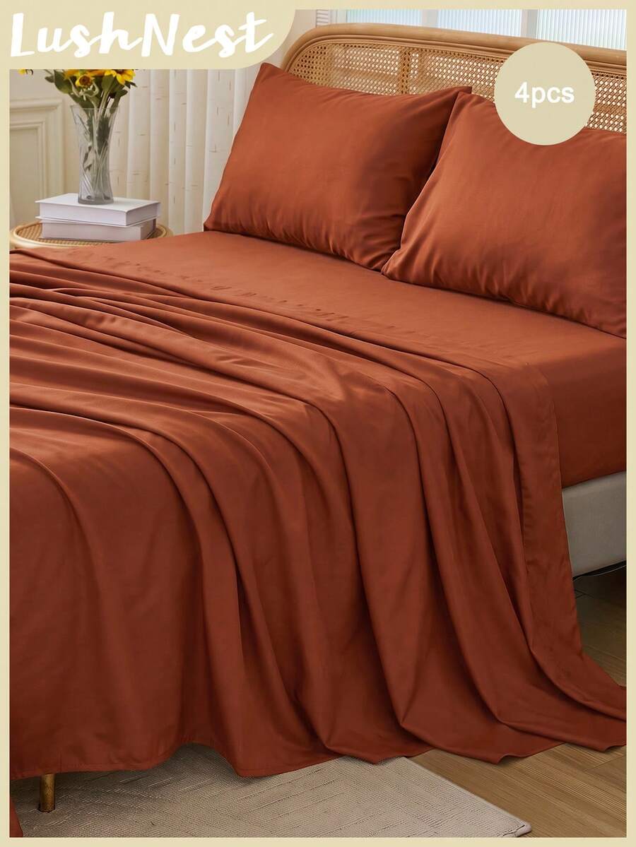 4pcs Solid Rust Red Fitted Sheet Set (1 Fitted Sheet + 1 Flat Sheet + 2 Pillowcases), Simple And Versatile Design Made Of Skin-Friendly Polyester Fabric In Classic Minimalist Style. Perfect For Master Bedrooms, Guest Rooms And Secondary Bedrooms - Multicolor - View 1
