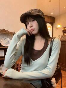 Korean Style Casual 2 In 1 Women's Top, College Autumn/Winter Design Fitted Base Layer Top - Mint Green - View 10