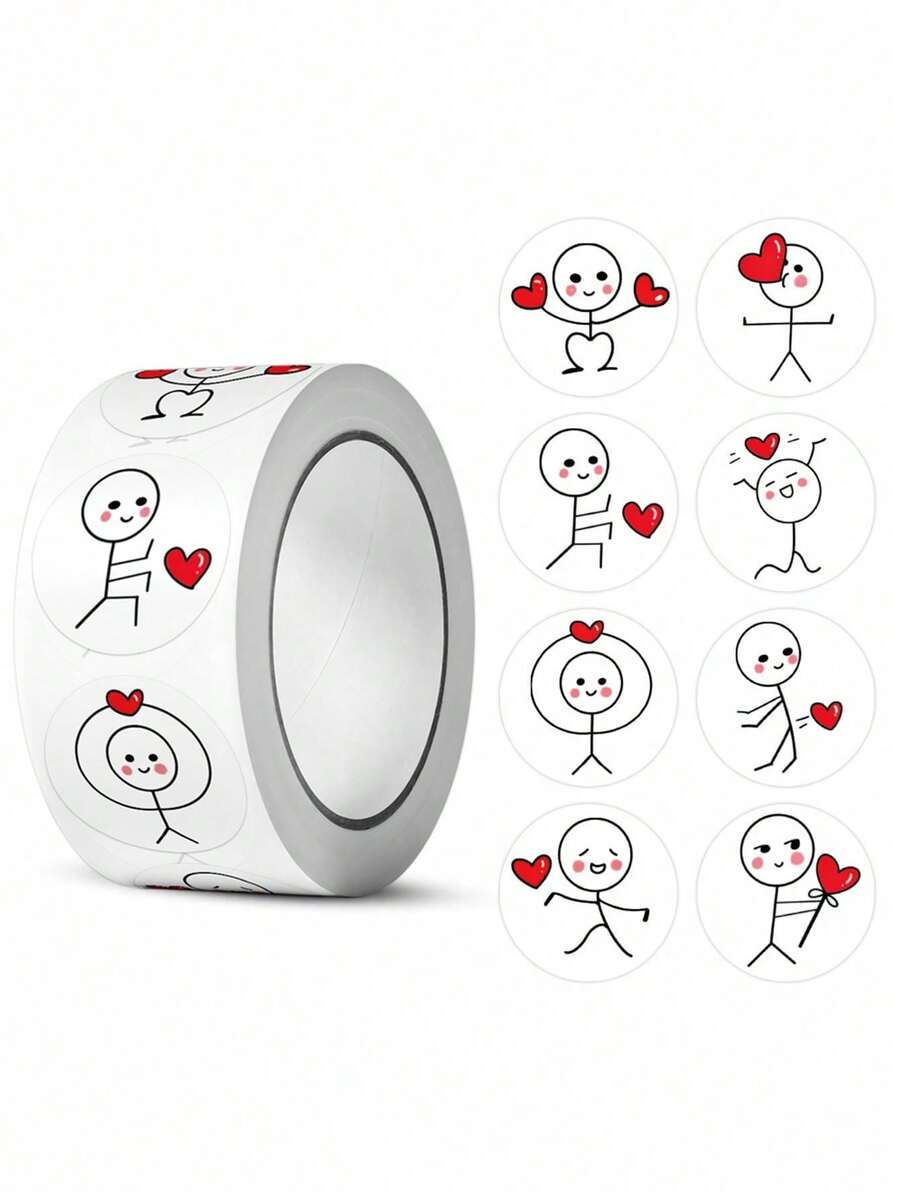500 piezas/rollo Pegatinas de figuras de palitos Etiquetas creativas y lindas de dibujos animados Sellos redondos para scrapbooking Regalo del Día de la Madre Envoltura de regalos Pegatinas con forma de corazón - Multicolor - Ver 1