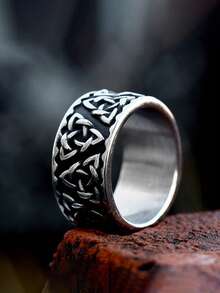 1pc Men's Size Ring, Antique Silver Stainless Steel Personalized Retro Geometric Line Pattern Size Ring, Daily Wear Street Hip Hop - Antique Silver - View 3