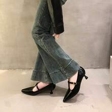 Giày cao gót Mary Jane quai chữ T phong cách vintage Pháp, da bóng, gót mảnh, kiểu ngách - màu đen - Xem 4
