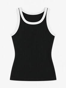 Women's Minimalist Contrast Trim Ribbed Knit Tank Top, Round Neck Slim Fit Skin-Friendly Sleeveless Casual Basic Top, Summer Daily Vacation Layering Top - Black - View 8