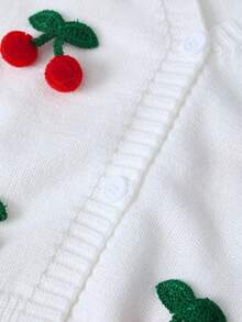 Girls' 3D Cherry Knit Cardigan, New Autumn/Winter V-Neck Long Sleeve White Sweater Cardigan - White - View 4