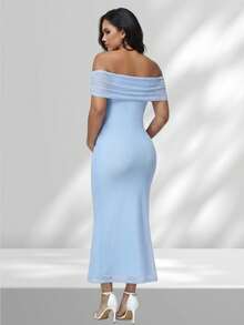 JustVH Elegant Maternity Tulle Off-Shoulder Pleated Sleeveless Summer Dress, Suitable For Baby Shower Party Photos Fall - Blue - View 2