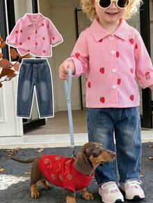Baby Girl Spring/Autumn Strawberry Theme 2pcs Outfit Set, Pink & White Striped Long Sleeve Collared Single-Breasted Strawberry Print Shirt + Washed Gradient Frayed Hem Straight Leg Denim Jeans, Casual Outing Set - Pink - View 2