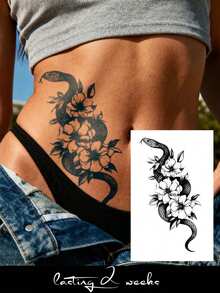 Herbal Juice Semi-Permanent Tattoo Sticker Design Snake & Floral Pattern 14 Days No Fading Music Festival Party Gift Shoulder Back Waist Abdomen Leg Body Temporary Tattoo Sticker 1pc/Pack - Blue - View 1