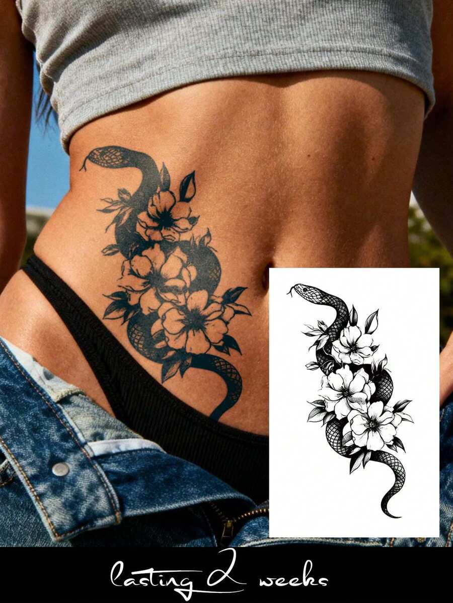 Herbal Juice Semi-Permanent Tattoo Sticker Design Snake & Floral Pattern 14 Days No Fading Music Festival Party Gift Shoulder Back Waist Abdomen Leg Body Temporary Tattoo Sticker 1pc/Pack - Blue - View 1