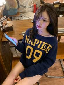 Áo len dệt kim nữ phong cách Mỹ Hot Girl phối màu chữ, thiết kế mới thu đông, áo chui đầu vai bất đối xứng - Màu xanh lam - Xem 4