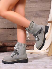 Brand Women's Ankle Combat Boots, Easy Wear, Buckle Accent Strap, Daily Wear - Grey - View 2