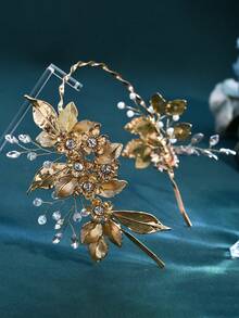 Shiny Golden Color Alloy Leaf Bridal Headband Gorgeous Rhinestone Woman Headwear Suitable For Wedding Party And Halloween - Gold - View 6