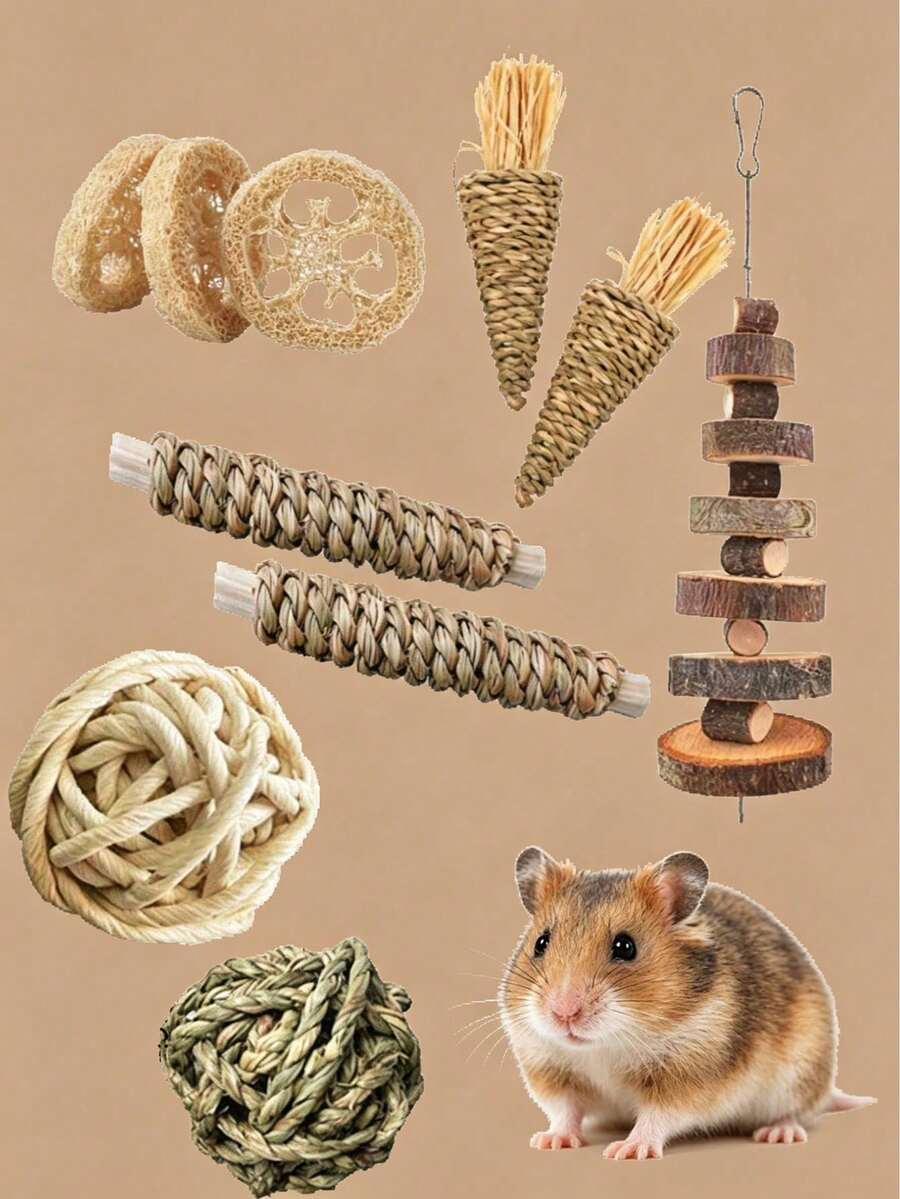 2/4/7/12 Pcs Small Pet Chew & Molar Toy Set, Brown Loofah & Herb Chewing Molar Cage Accessories For Hamsters, Rabbits, Guinea Pigs, Relieve Boredom, Small Pet Gift For Halloween, Birthday & Holiday - A - View 1