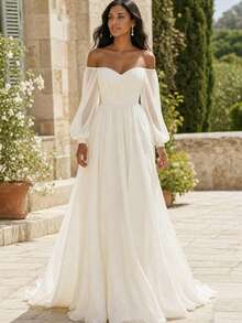 Marvellea Elegant Off Shoulder Puff Long Sleeve Chiffon Maxi Dress A Line Flowy Wedding Bridal Gown Formal Party Evening Gown - White - View 16