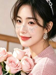 1pc Exquisite Silver Rhinestone Bow Chain Butterfly Face Decoration Sticker, Sparkling Rhinestone Chain Combination Face Sticker, Self-Adhesive No Glue, Wedding Banquet Birthday Photo Shoot Fairy Atmosphere Makeup Decoration Sticker - Multicolor - View 3