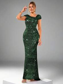 CHOSMO Women's Asymmetric Neckline Glamorous Elegant Party Sequin Mermaid Evening Gown - Dark Green - View 5