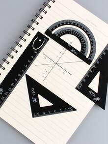 Juego de 4 reglas metálicas, regla recta con borde ondulado, regla triangular, transportador, juego de reglas de medición de dibujo geométrico para estudiantes, opcional en color dual blanco y negro con caja de almacenamiento - Conjuntos - Ver 7