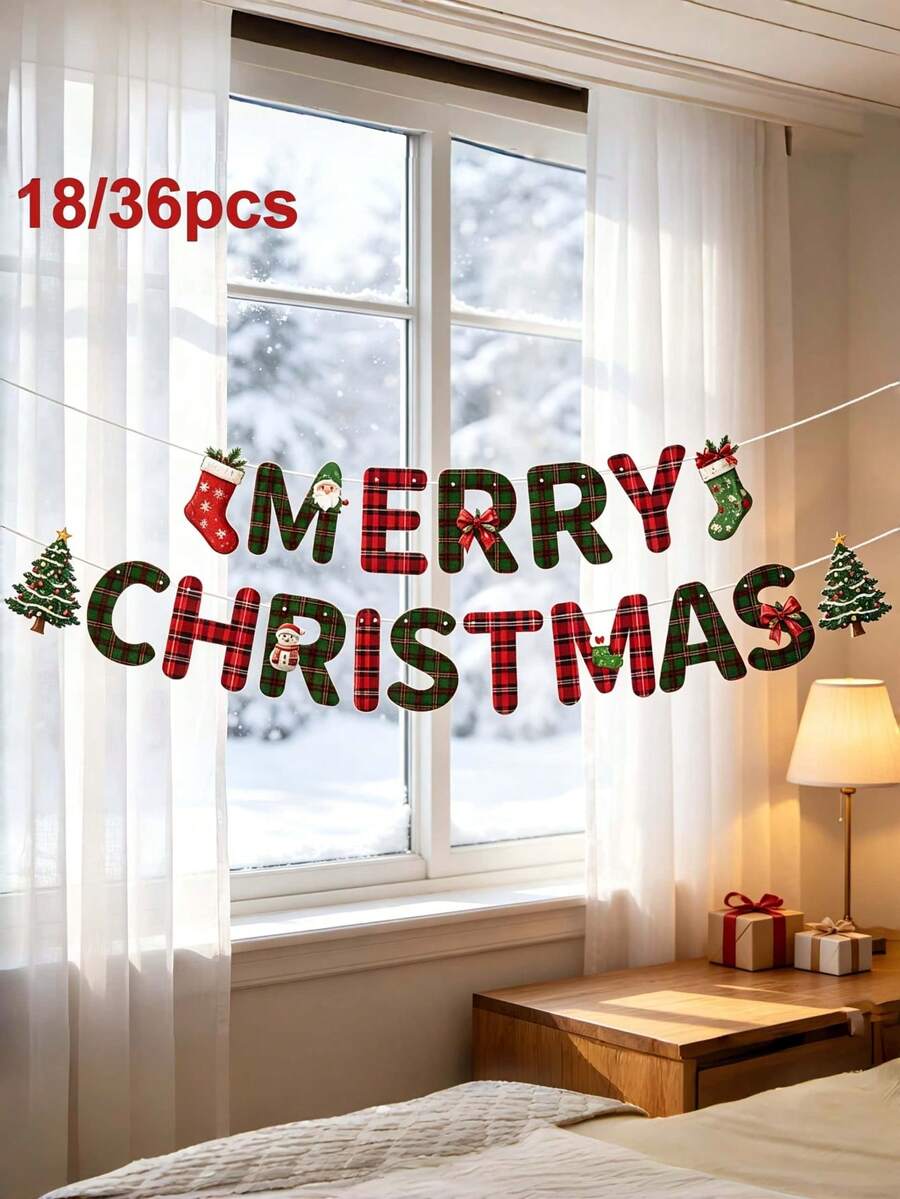 36/18pcs Merry Christmas Banner Set, Santa Claus Socks Tree Hanging Decor, Fireplace Wall Holiday Photo Backdrop Decoration - Multicolor - View 1